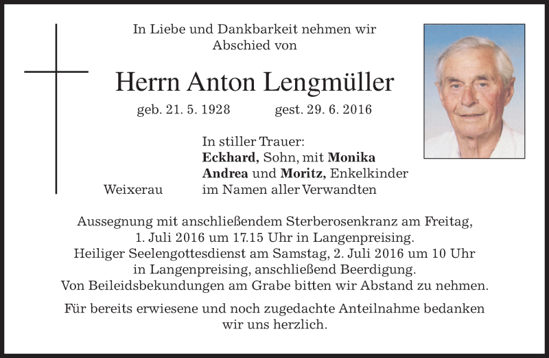  Traueranzeige für Anton Lengmüller vom 01.07.2016 aus merkurtz