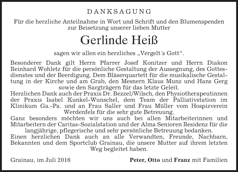  Traueranzeige für Gerlinde Heiß vom 16.07.2016 aus merkurtz