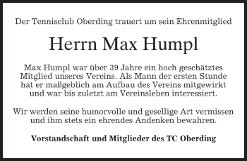Traueranzeige von Max Humpl von merkurtz