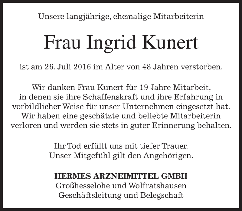  Traueranzeige für Ingrid Kunert vom 30.07.2016 aus merkurtz