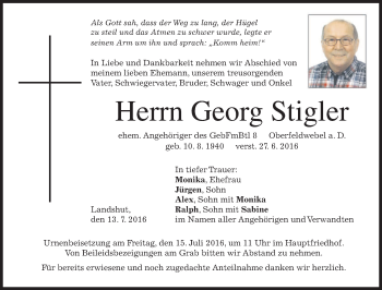 Traueranzeige von Georg Stigler von merkurtz