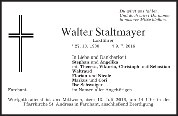 Traueranzeige von Walter Staltmayer von merkurtz