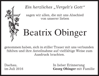 Traueranzeige von Beatrix Obinger von merkurtz
