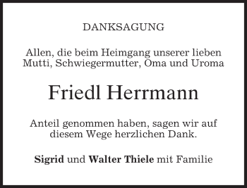 Traueranzeige von Friedl Herrmann von merkurtz