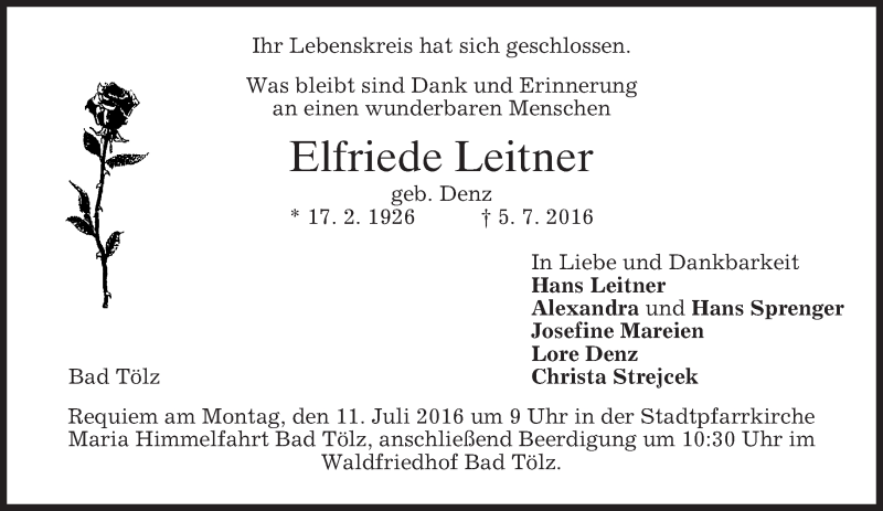  Traueranzeige für Elfriede Leitner vom 09.07.2016 aus merkurtz