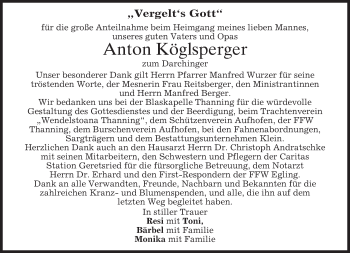 Traueranzeige von Anton Köglsperger von merkurtz