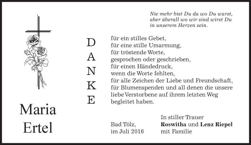  Traueranzeige für Maria Ertel vom 09.07.2016 aus merkurtz