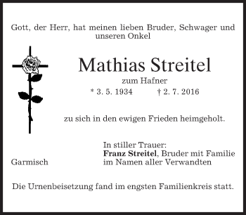 Traueranzeige von Mathias Streitel von merkurtz