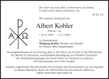 Traueranzeige von Albert Kobler von merkurtz