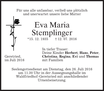 Traueranzeige von Eva Maria Stemplinger von merkurtz