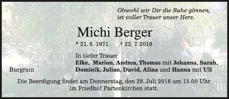  Traueranzeige für Michi Berger vom 28.07.2016 aus merkurtz