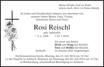 Traueranzeige von Rosi Reischl von merkurtz