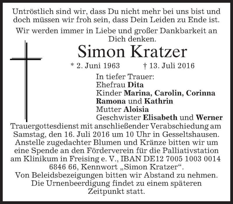  Traueranzeige für Simon Kratzer vom 15.07.2016 aus merkurtz