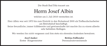 Traueranzeige von Josef Albin von merkurtz