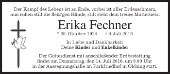 Traueranzeige von Erika Fechner von merkurtz