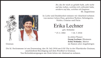 Traueranzeige von Erika Lechner von merkurtz