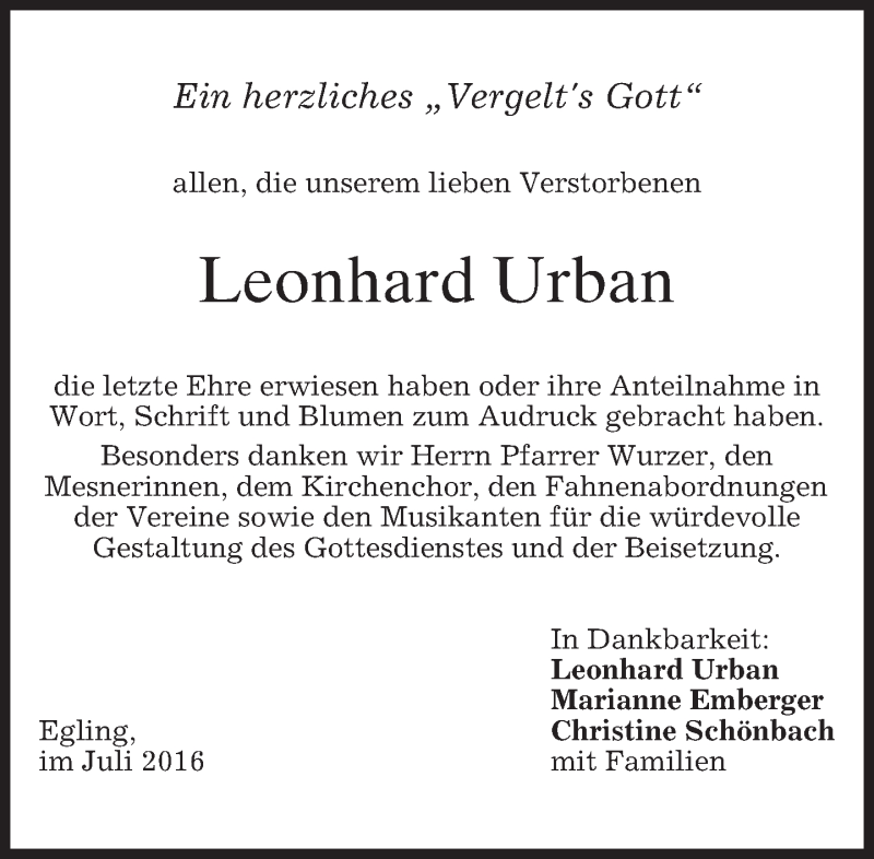  Traueranzeige für Leonhard Urban vom 02.07.2016 aus merkurtz