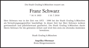 Traueranzeige von Franz Schwarz von merkurtz