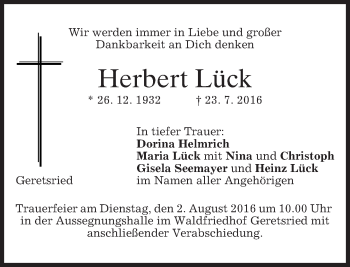Traueranzeige von Herbert Lück von merkurtz