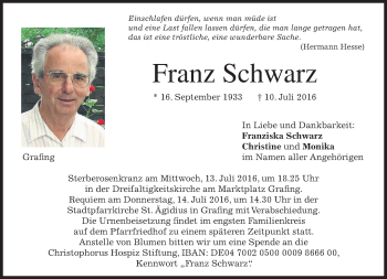 Traueranzeige von Franz Schwarz von merkurtz