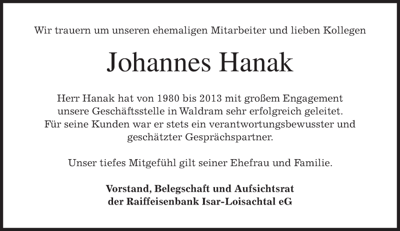  Traueranzeige für Johannes Hanak vom 09.07.2016 aus merkurtz