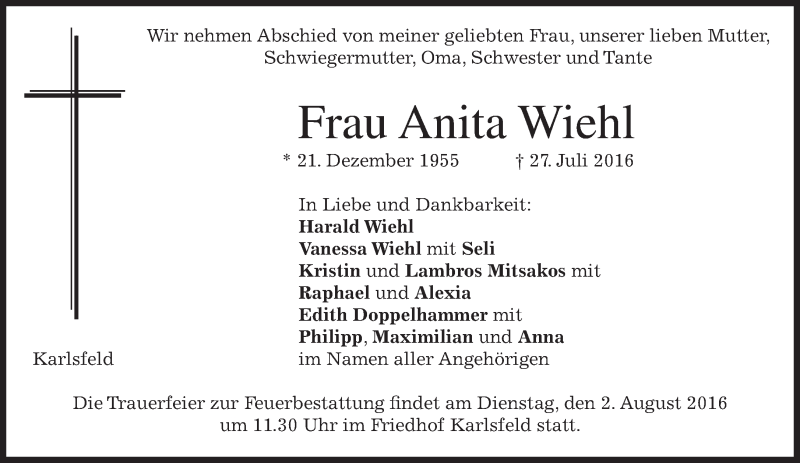  Traueranzeige für Anita Wiehl vom 30.07.2016 aus merkurtz