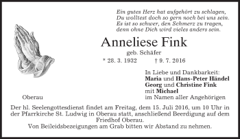 Traueranzeige von Anneliese Fink von merkurtz