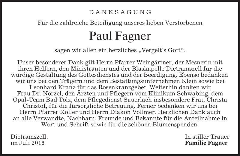  Traueranzeige für Paul Fagner vom 02.07.2016 aus merkurtz