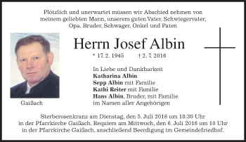Traueranzeige von Josef Albin von merkurtz