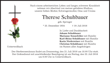 Traueranzeige von Therese Schuhbauer von merkurtz