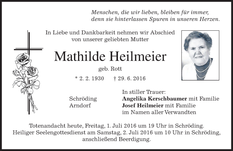  Traueranzeige für Mathilde Heilmeier vom 01.07.2016 aus merkurtz