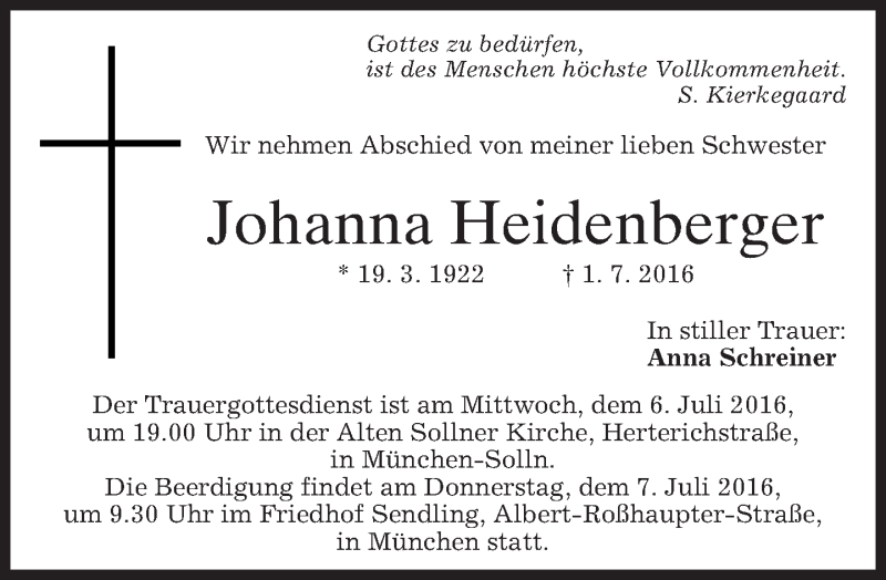  Traueranzeige für Johanna Heidenberger vom 05.07.2016 aus merkurtz