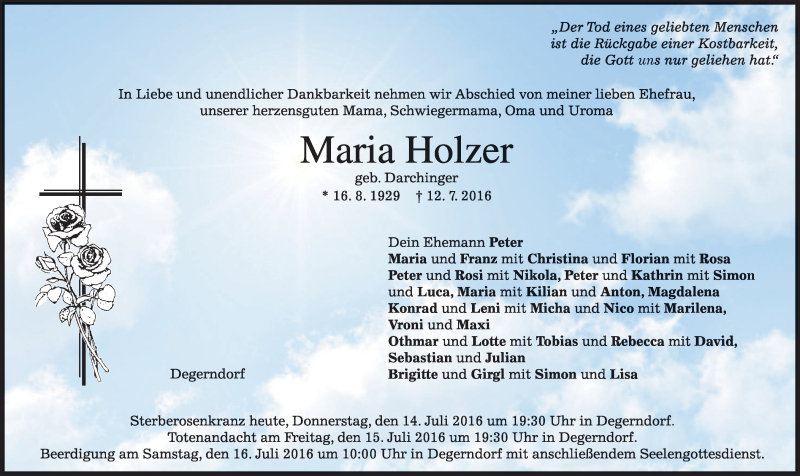  Traueranzeige für Maria Holzer vom 14.07.2016 aus merkurtz