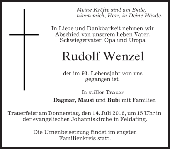Traueranzeige von Rudolf Wenzel von merkurtz