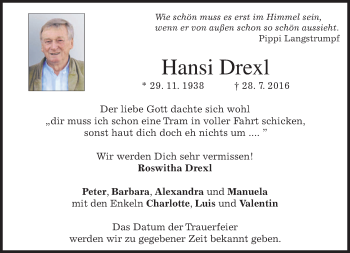 Traueranzeige von Hansi Drexl von merkurtz