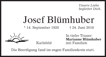 Traueranzeige von Josef Blümhuber von merkurtz