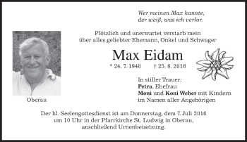 Traueranzeige von Max Eidam von merkurtz