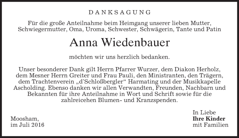  Traueranzeige für Anna Wiedenbauer vom 30.07.2016 aus merkurtz