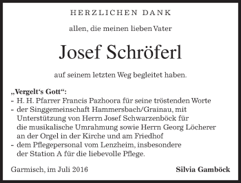 Traueranzeige von Josef Schröferl von merkurtz
