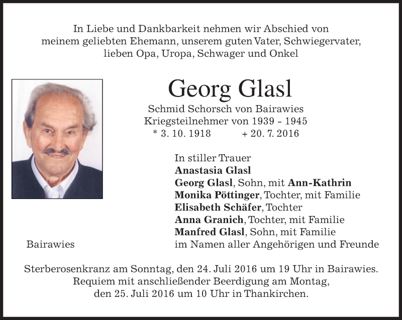  Traueranzeige für Georg Glasl vom 23.07.2016 aus merkurtz