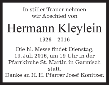 Traueranzeige von Hermann Kleylein von merkurtz