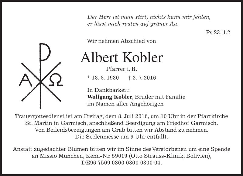  Traueranzeige für Albert Kobler vom 05.07.2016 aus merkurtz
