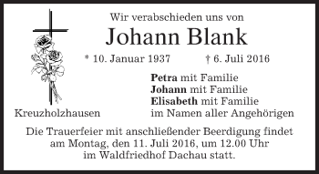 Traueranzeige von Johann Blank von merkurtz