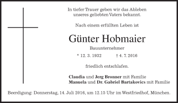 Traueranzeige von Günter Hobmaier von merkurtz