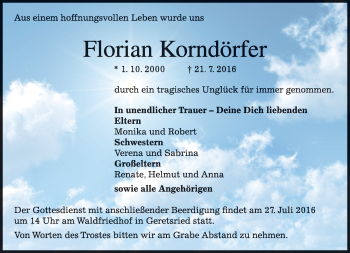 Traueranzeige von Florian Korndörfer von merkurtz