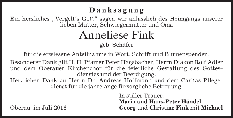  Traueranzeige für Anneliese Fink vom 23.07.2016 aus merkurtz