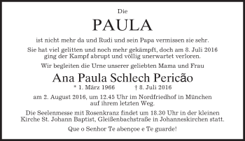 Traueranzeige von Ana Paula Schlech Pericao von merkurtz