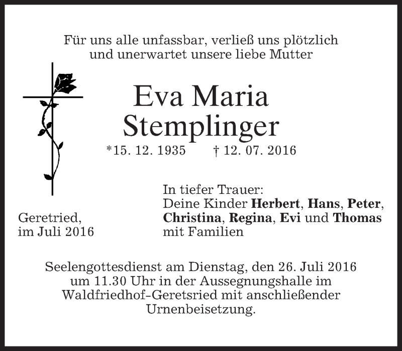  Traueranzeige für Eva Maria Stemplinger vom 23.07.2016 aus merkurtz