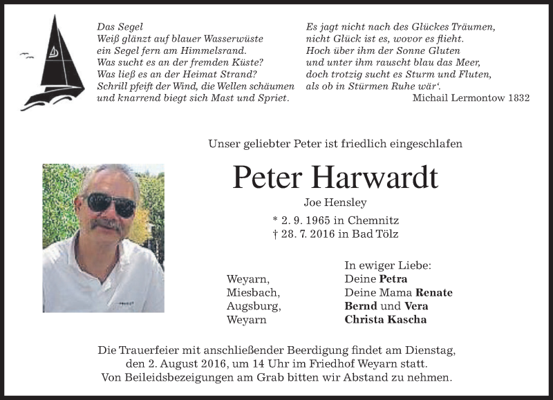 Traueranzeige für Peter Harwardt vom 30.07.2016 aus merkurtz
