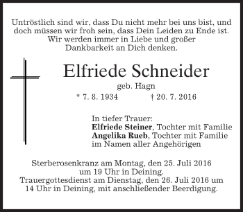 Traueranzeige von Elfriede Schneider von merkurtz